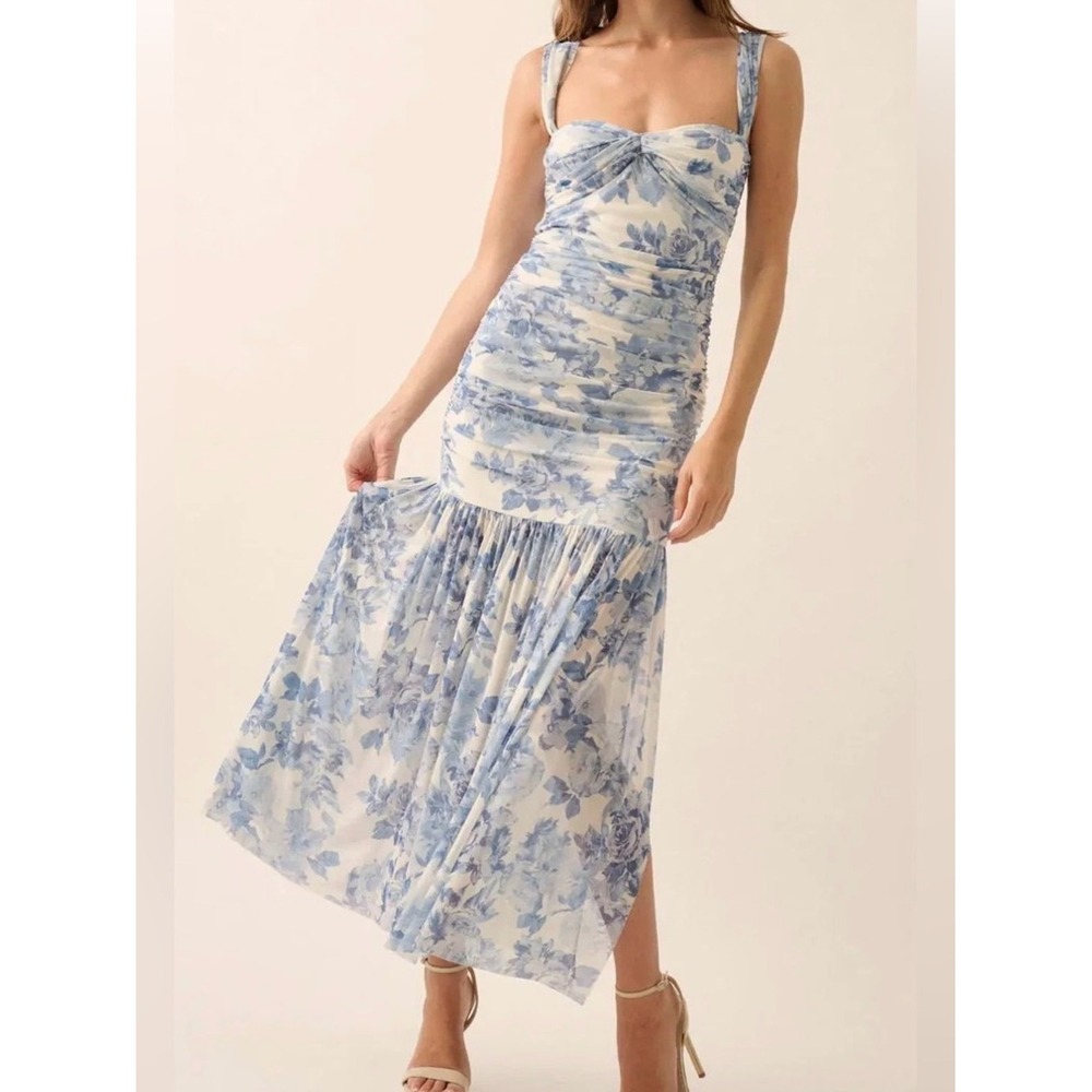 NWT Vice Promesa Blue White Dewy Dreams Floral Mesh Maxi Dress L Coquette Fairy